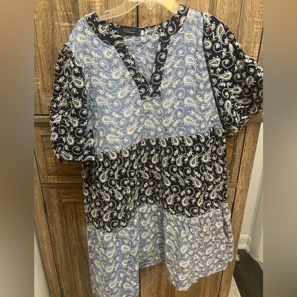 Paisley Patterned Dress in Navy, baby Blue, and Cream